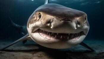 furioso gigante reptil con agudo dientes nadando submarino generado por ai foto