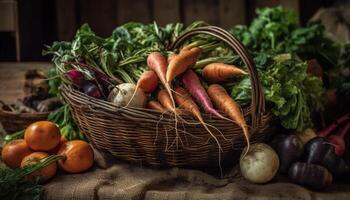 Fresh organic vegetables in wicker basket still life generated by AI photo