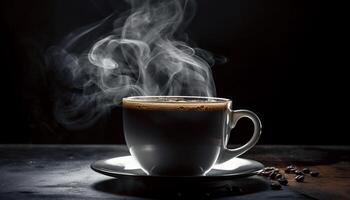 lleno de vapor café taza en oscuro mesa, Fresco aroma generado por ai foto
