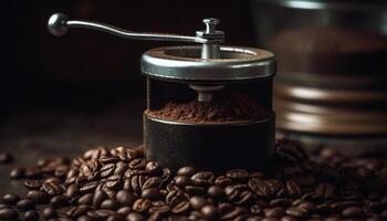 Freshly ground coffee beans in antique mug generated by AI photo