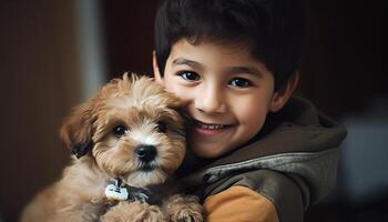 Smiling child embraces playful puppy indoors happily generated by AI photo