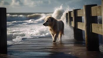 Cute wet puppy playing in the waves generated by AI photo