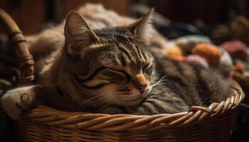 Fluffy kitten sleeping in cozy wicker basket generated by AI photo