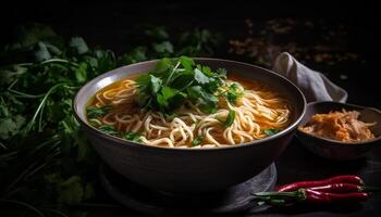 Gourmet noodle soup cooked with fresh vegetables generated by AI photo