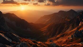 Sunlit mountain range, hiking adventure at dawn generated by AI photo