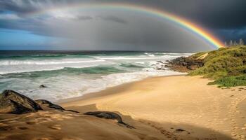 Majestic rainbow over tranquil seascape at dusk generated by AI photo