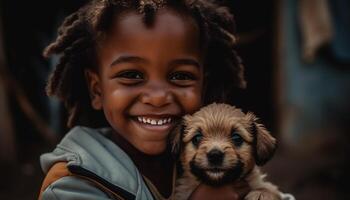 Smiling child and puppy share carefree joy generated by AI photo