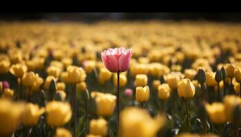 Vibrant tulip blossom in fresh meadow green generated by AI photo