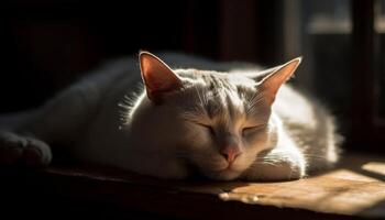 Fluffy kitten napping on soft pillow indoors generated by AI photo