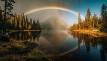 tranquilo escena de naturaleza belleza, arco iris reflejado generado por ai foto