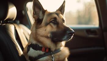 Purebred German Shepherd sitting in car, outdoors generated by AI photo