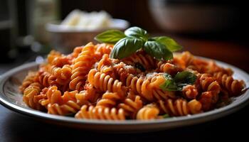 Freshly cooked Italian pasta on wooden plate generated by AI photo