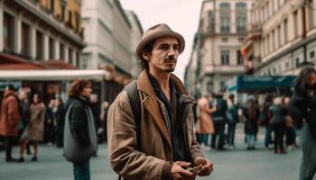 sonriente turista caminando ciudad calles, teléfono en mano generado por ai foto