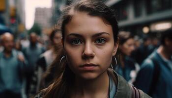 Confident young woman walking city streets at night generated by AI photo