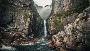 Majestic mountain range, tranquil ravine, flowing water generated by AI photo