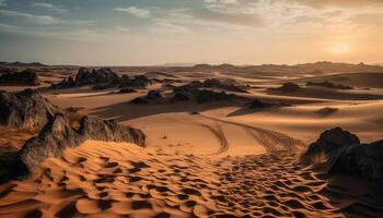 Tranquil sunrise over majestic sand dunes in Africa generated by AI photo