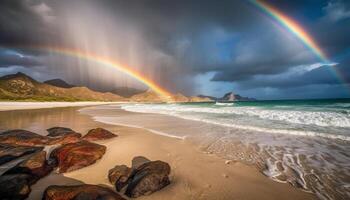 idílico línea costera refleja majestuoso arco iris terminado montaña rango generado por ai foto