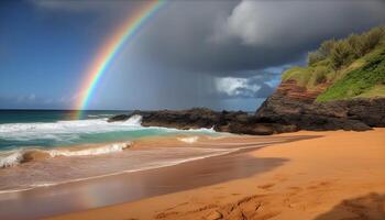 Sunset paints majestic rainbow over tranquil seascape generated by AI photo