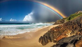 idílico línea costera, olas choque en rocoso apuntalar generado por ai foto