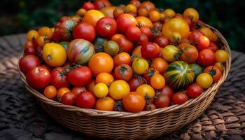 Organic tomato basket, ripe and fresh harvest generated by AI photo