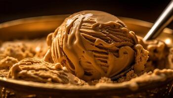 Indulgent chocolate ice cream sundae on rustic plate generated by AI photo