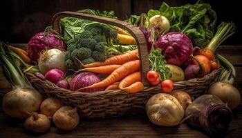 Fresh organic vegetables in wicker basket arrangement generated by AI photo