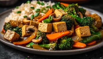 Stir fried vegetable plate with tofu and beef generated by AI photo