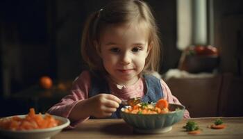 Cute Caucasian toddler enjoys healthy pumpkin snack indoors generated by AI photo