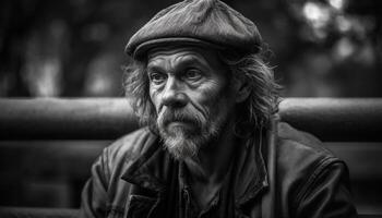 Sad senior man with gray beard sitting alone generated by AI photo