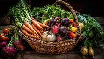 Rustic basket holds fresh organic vegetables and fruits generated by AI photo