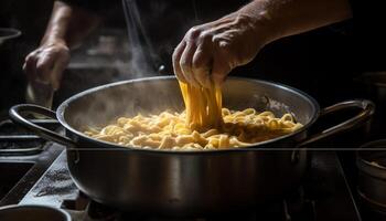 mano Cocinando sano pasta comida en Doméstico cocina generado por ai foto