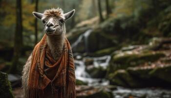 Cute alpaca portrait, standing in rural farm generated by AI photo
