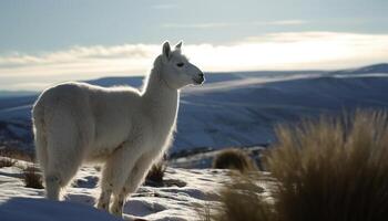 Fluffy alpaca stands in snowy mountain meadow generated by AI photo
