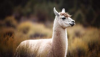 Cute alpaca grazing on green pasture, fluffy fleece generated by AI photo