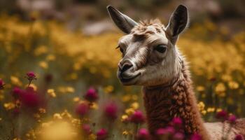 Fluffy alpaca grazes in tranquil meadow, springtime beauty generated by AI photo