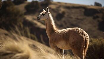 Cute alpaca grazing on rural meadow pasture generated by AI photo