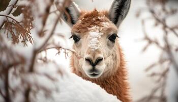 Adorable alpaca poses for perfect winter portrait generated by AI photo