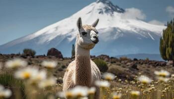 Alpaca woolly fur shines in snowy landscape generated by AI photo