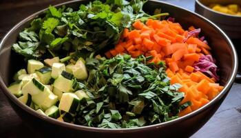 Fresh salad bowl with organic vegetables and herbs generated by AI photo