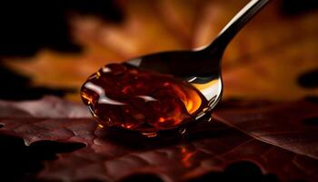 Organic honey drips from autumn fruit bowl generated by AI photo