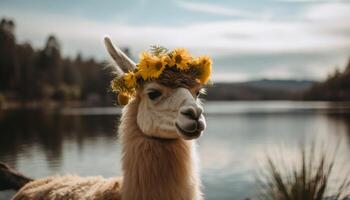 Cute alpaca smiling in tranquil meadow landscape generated by AI photo