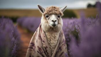 Fluffy alpaca smiles in rural meadow portrait generated by AI photo