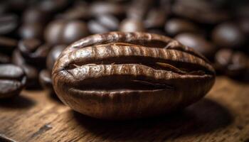 Freshly ground coffee beans on wooden table generated by AI photo