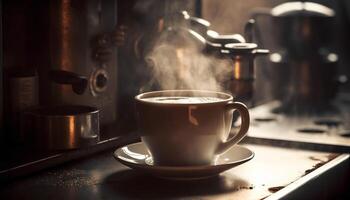 Hot cappuccino, frothy foam, scented relaxation indoors generated by AI photo