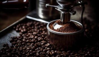 Barista grinds fresh dark bean for cappuccino generated by AI photo