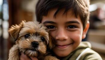 A cheerful small boy embracing his cute puppy generated by AI photo