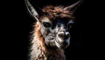 Cute alpaca portrait, looking at camera, fluffy fur generated by AI photo