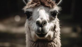 linda alpaca sonrisas para el cámara en pasto generado por ai foto