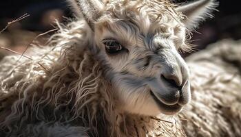 Cute alpaca and goat grazing in meadow generated by AI photo