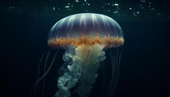 Transparent moon jellyfish levitate in underwater beauty generated by AI photo